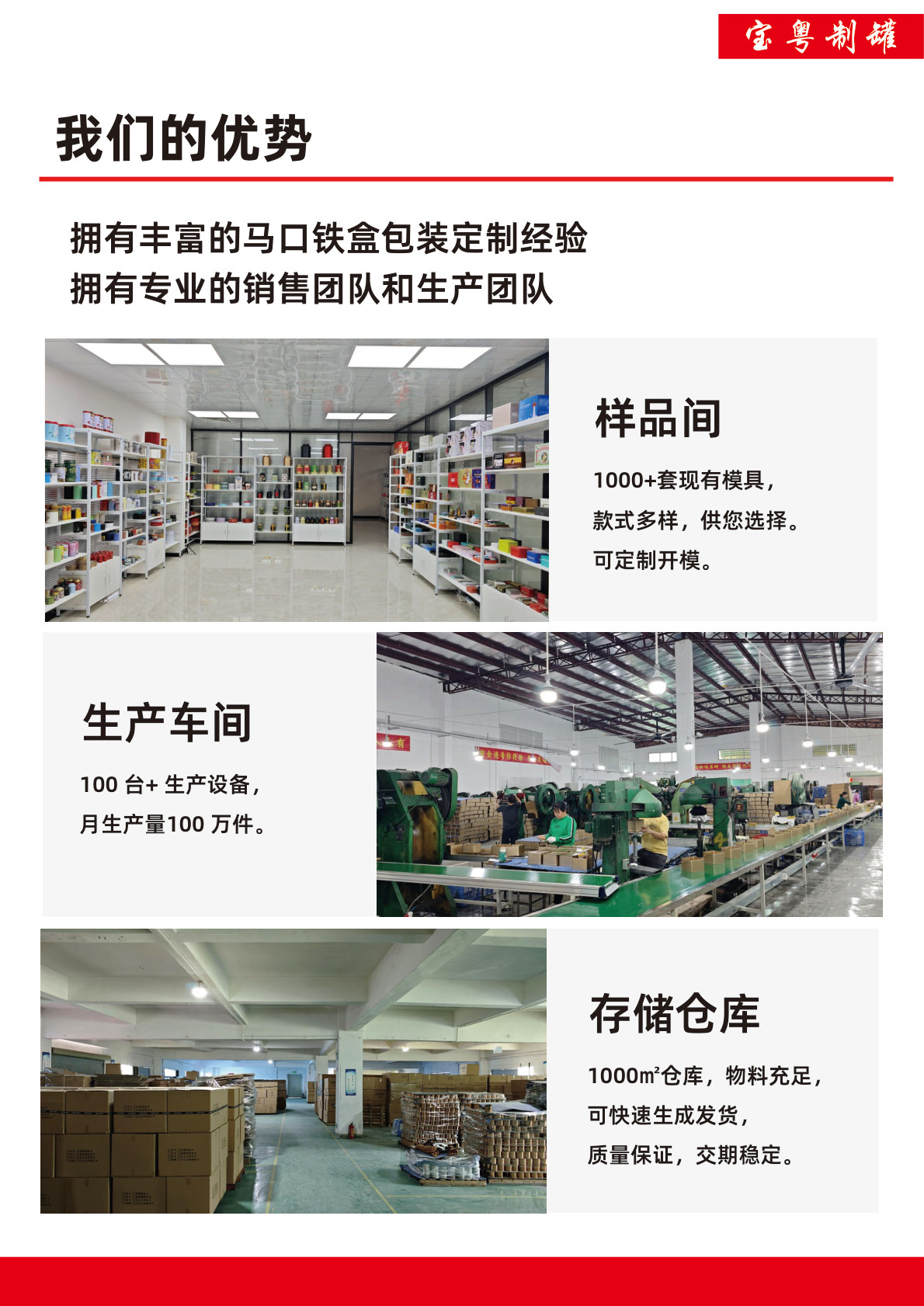 Baoyue CanMaking advantages, sample room, production workshop and warehouse
